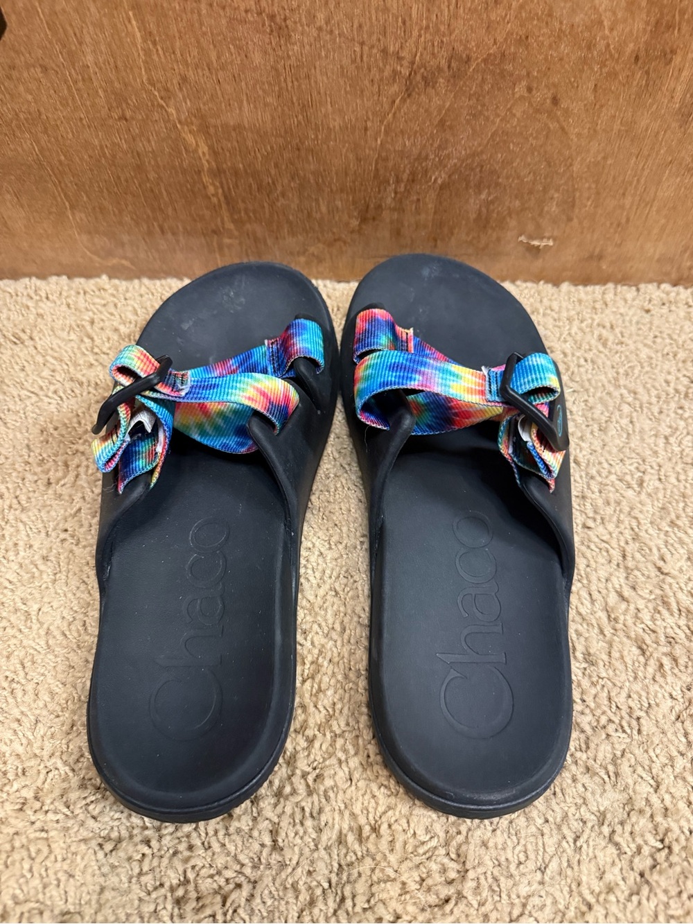 Chaco Women's Black Sandals with Rainbow Tie-Dye Straps